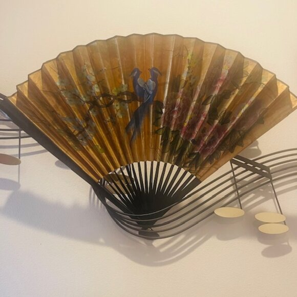 Other - Vintage Hand Painted Oriental Folding Fan - Wall Hanging Art Decor 34”x22”
